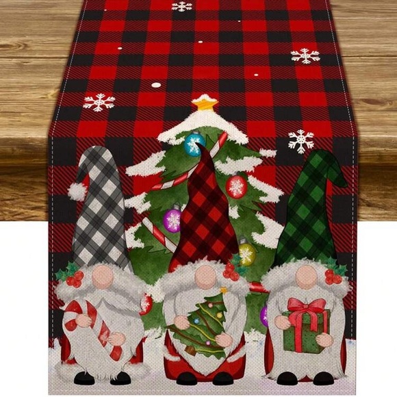 NWT- Red & Black Buffalo Check- Christmas Gnomes Holiday Table Runner 72x13 - Picture 1 of 5